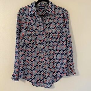 French Curve Womens Silk Button Down Top Blouse Sz Small Navy & Red Professional